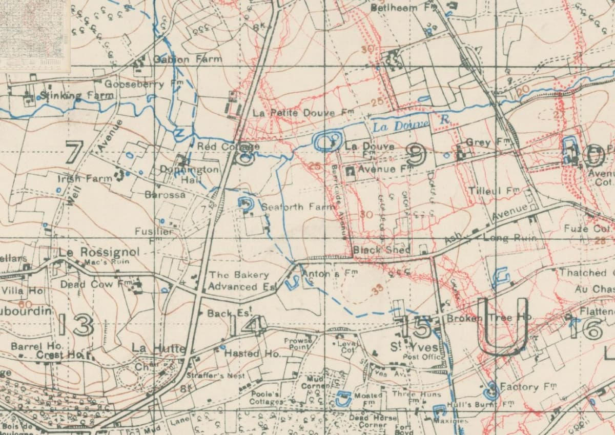 1915 Trench Map showing No Mans Land in front of Seaforth Farm