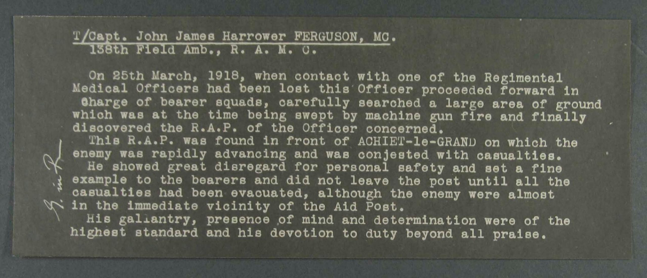 John James Harrower Ferguson - commendation from138th Field Ambulance Royal Army Medical Corps for whom Zem Zem was a Temporary Captain