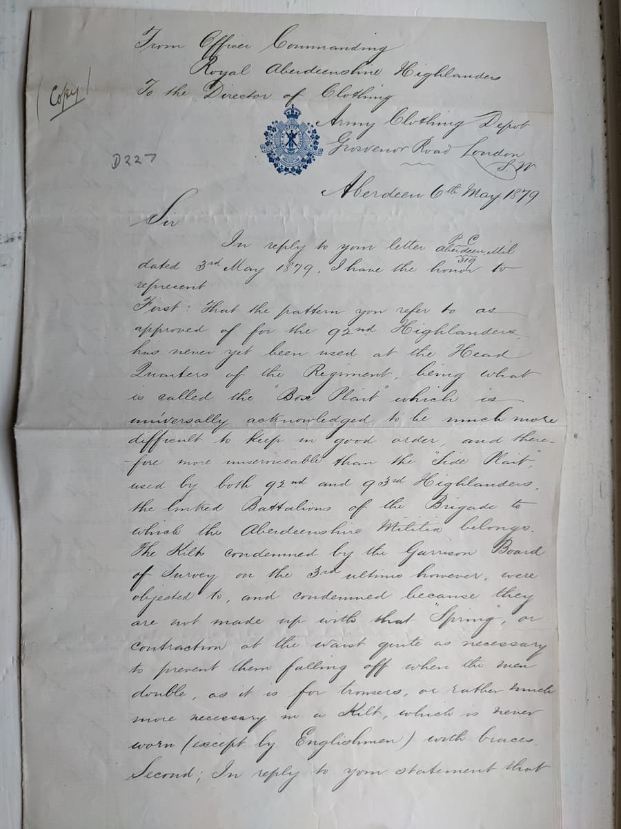 Letter from Col Aberdeenshire Highlanders regarding poor quality of kilts supplied from London