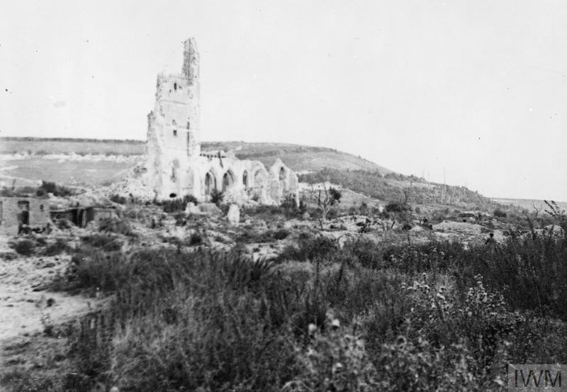IWM Q61306 Ruined Church of Ablain St Nazaire with Lorette spur in background August 1917