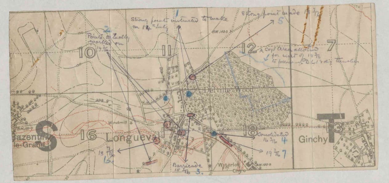 Sketch Map of the Maricourt to Montauban road repaired by 9th Seaforths after the capture of the village on 1st July 1916